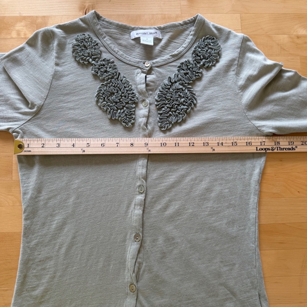 August Silk Ruffle Floral Applique Cardigan Sage Green Womens Size M Cottagecore - Picture 7 of 10